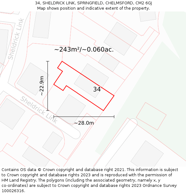 34, SHELDRICK LINK, SPRINGFIELD, CHELMSFORD, CM2 6GJ: Plot and title map