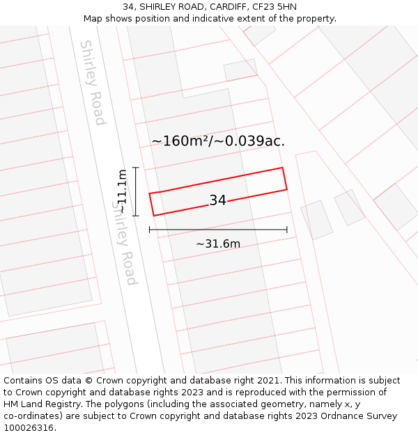 34, SHIRLEY ROAD, CARDIFF, CF23 5HN: Plot and title map