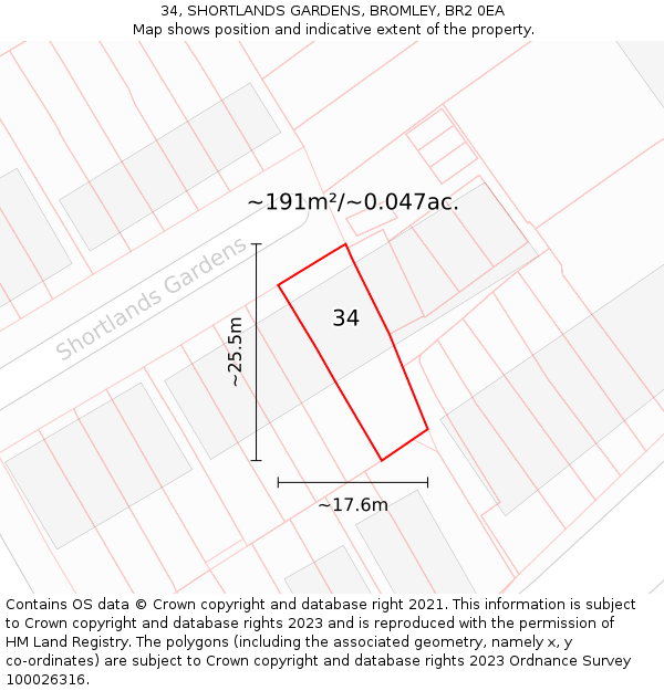 34, SHORTLANDS GARDENS, BROMLEY, BR2 0EA: Plot and title map