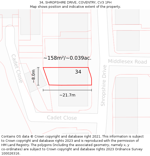 34, SHROPSHIRE DRIVE, COVENTRY, CV3 1PH: Plot and title map