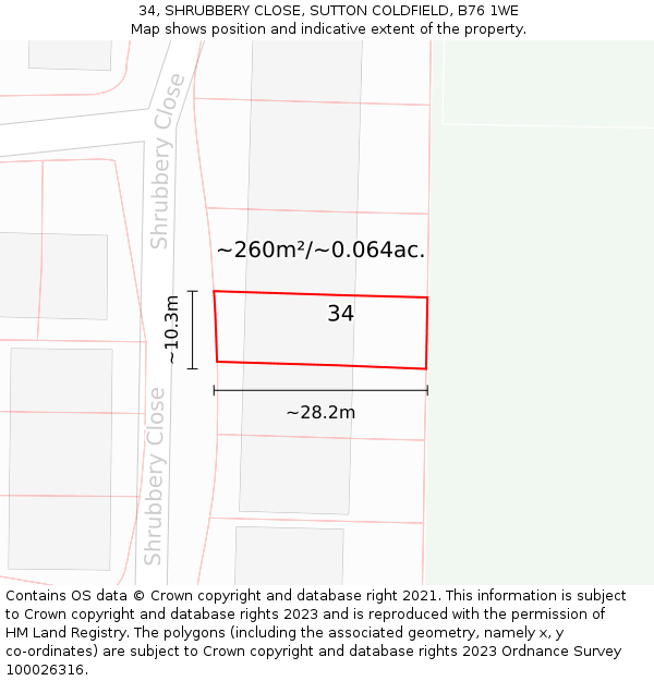 34, SHRUBBERY CLOSE, SUTTON COLDFIELD, B76 1WE: Plot and title map