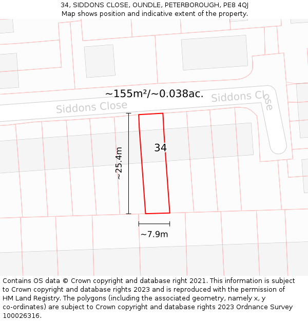 34, SIDDONS CLOSE, OUNDLE, PETERBOROUGH, PE8 4QJ: Plot and title map