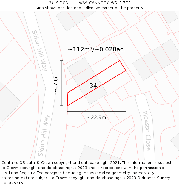 34, SIDON HILL WAY, CANNOCK, WS11 7GE: Plot and title map
