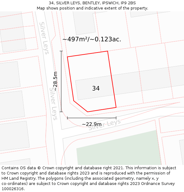 34, SILVER LEYS, BENTLEY, IPSWICH, IP9 2BS: Plot and title map