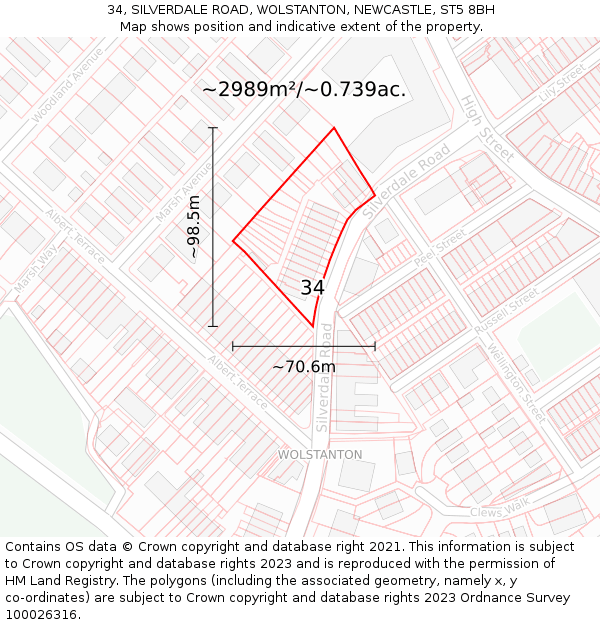 34, SILVERDALE ROAD, WOLSTANTON, NEWCASTLE, ST5 8BH: Plot and title map
