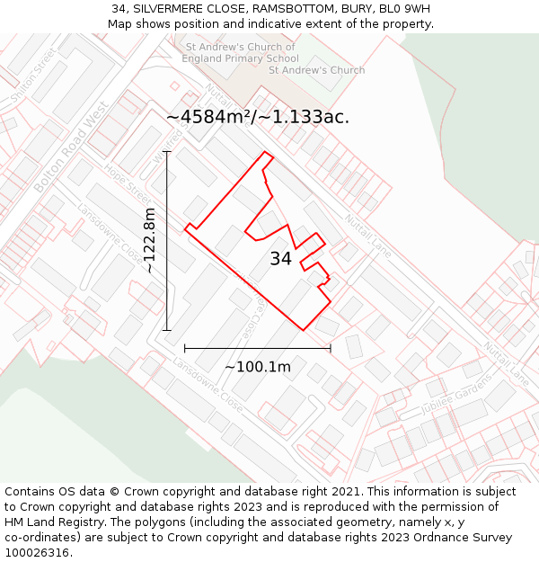 34, SILVERMERE CLOSE, RAMSBOTTOM, BURY, BL0 9WH: Plot and title map