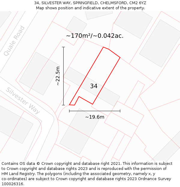 34, SILVESTER WAY, SPRINGFIELD, CHELMSFORD, CM2 6YZ: Plot and title map