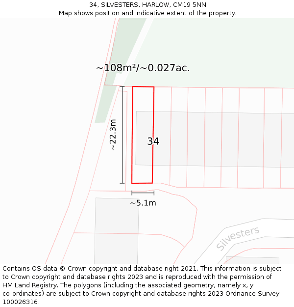34, SILVESTERS, HARLOW, CM19 5NN: Plot and title map