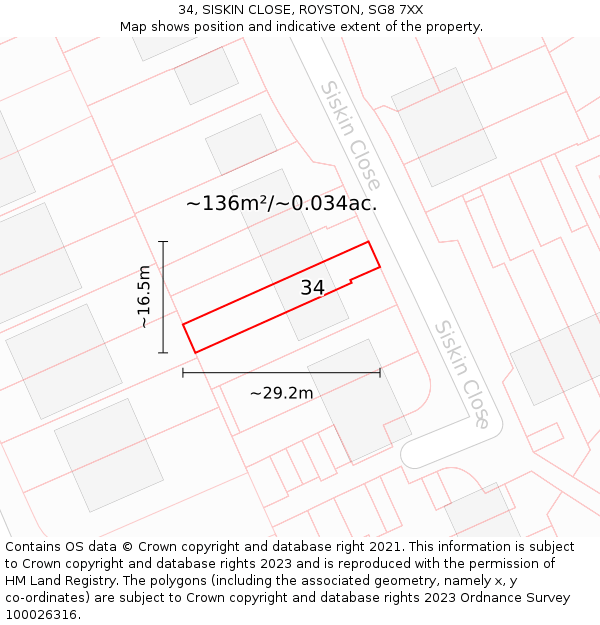 34, SISKIN CLOSE, ROYSTON, SG8 7XX: Plot and title map
