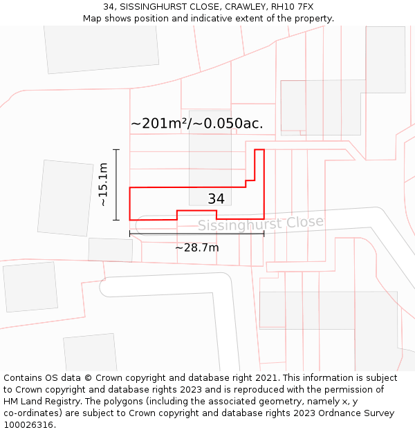 34, SISSINGHURST CLOSE, CRAWLEY, RH10 7FX: Plot and title map