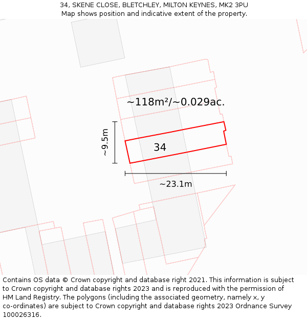 34, SKENE CLOSE, BLETCHLEY, MILTON KEYNES, MK2 3PU: Plot and title map