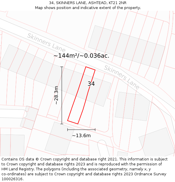 34, SKINNERS LANE, ASHTEAD, KT21 2NR: Plot and title map