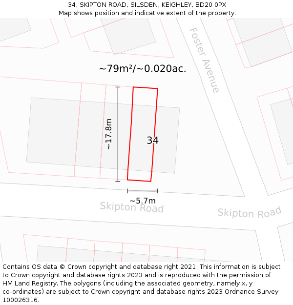 34, SKIPTON ROAD, SILSDEN, KEIGHLEY, BD20 0PX: Plot and title map