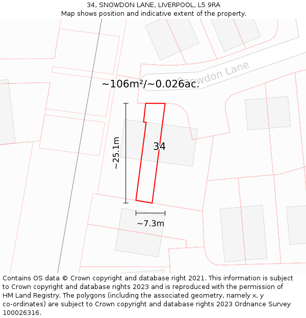 34, SNOWDON LANE, LIVERPOOL, L5 9RA: Plot and title map