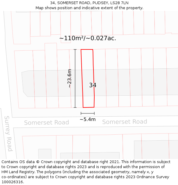 34, SOMERSET ROAD, PUDSEY, LS28 7LN: Plot and title map