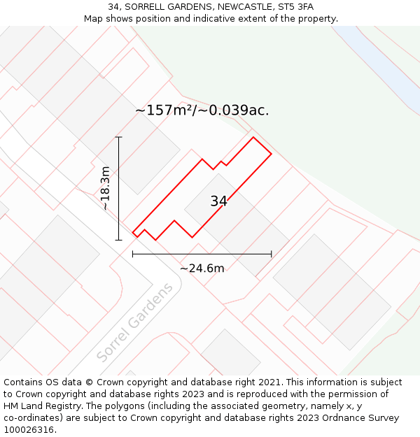34, SORRELL GARDENS, NEWCASTLE, ST5 3FA: Plot and title map