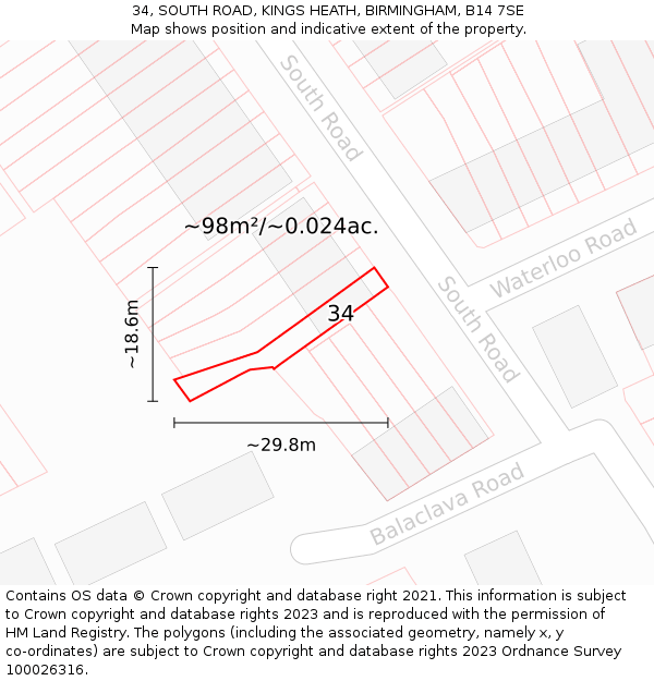 34, SOUTH ROAD, KINGS HEATH, BIRMINGHAM, B14 7SE: Plot and title map