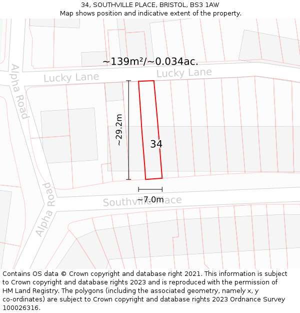 34, SOUTHVILLE PLACE, BRISTOL, BS3 1AW: Plot and title map