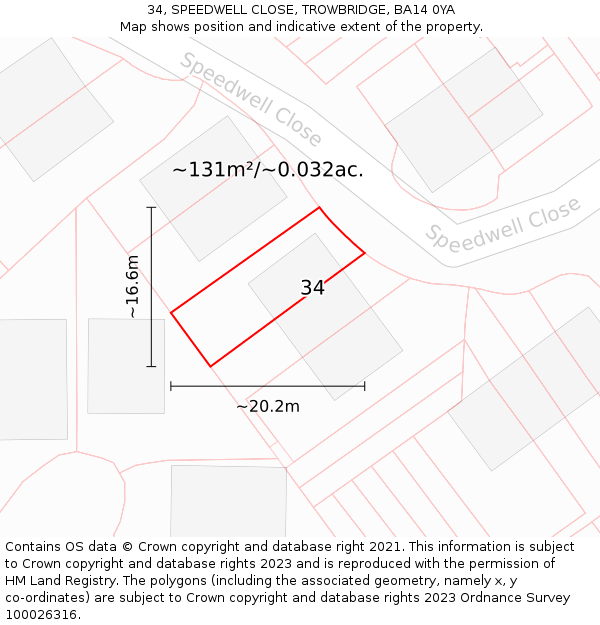 34, SPEEDWELL CLOSE, TROWBRIDGE, BA14 0YA: Plot and title map