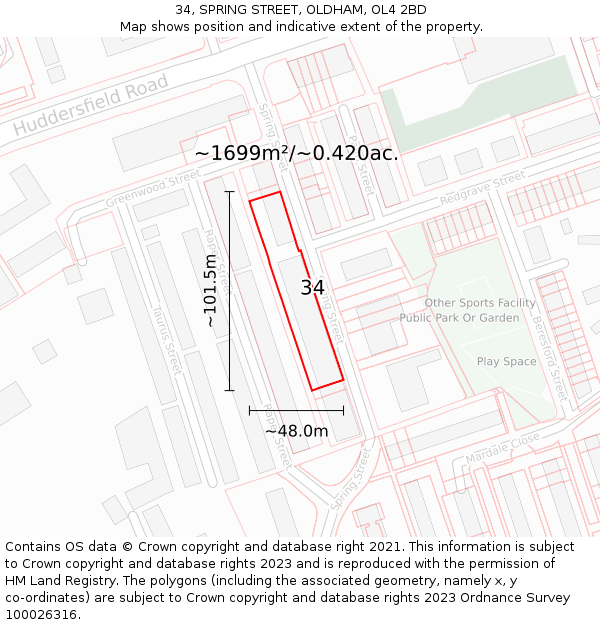 34, SPRING STREET, OLDHAM, OL4 2BD: Plot and title map