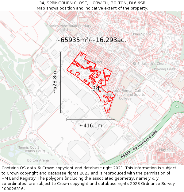 34, SPRINGBURN CLOSE, HORWICH, BOLTON, BL6 6SR: Plot and title map