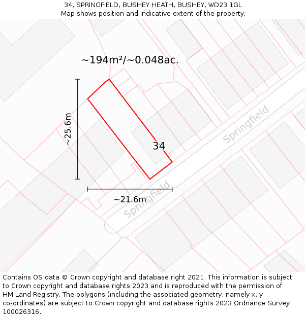 34, SPRINGFIELD, BUSHEY HEATH, BUSHEY, WD23 1GL: Plot and title map