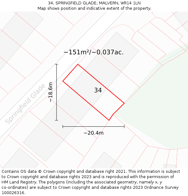 34, SPRINGFIELD GLADE, MALVERN, WR14 1LN: Plot and title map