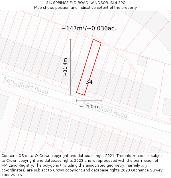 34, SPRINGFIELD ROAD, WINDSOR, SL4 3PQ: Plot and title map