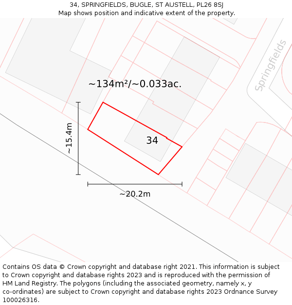 34, SPRINGFIELDS, BUGLE, ST AUSTELL, PL26 8SJ: Plot and title map