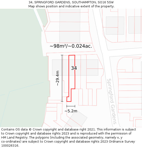 34, SPRINGFORD GARDENS, SOUTHAMPTON, SO16 5SW: Plot and title map