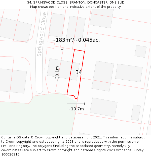 34, SPRINGWOOD CLOSE, BRANTON, DONCASTER, DN3 3UD: Plot and title map