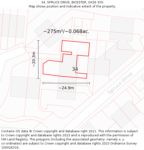 34, SPRUCE DRIVE, BICESTER, OX26 3YN: Plot and title map