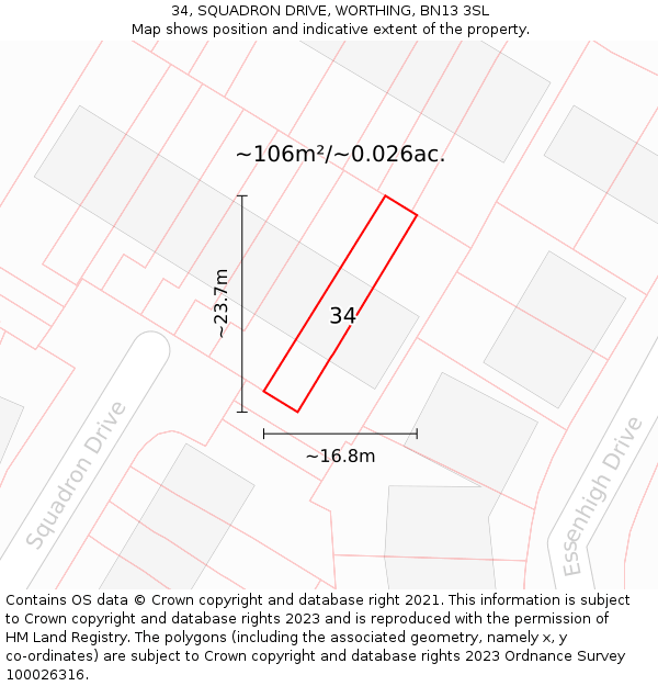 34, SQUADRON DRIVE, WORTHING, BN13 3SL: Plot and title map
