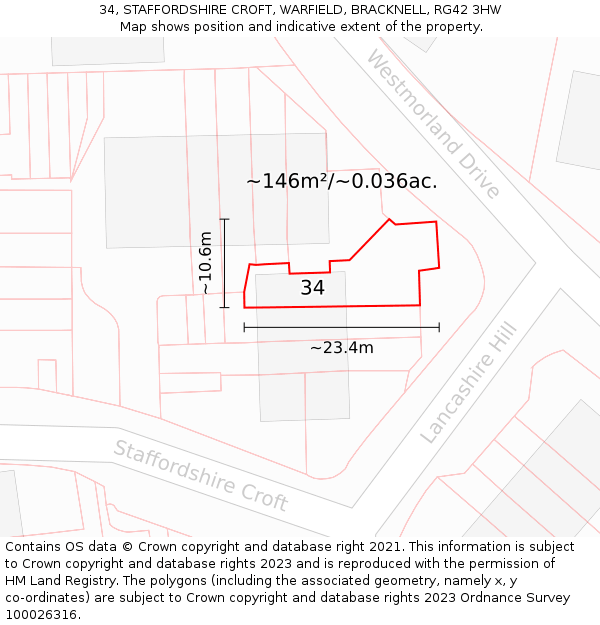 34, STAFFORDSHIRE CROFT, WARFIELD, BRACKNELL, RG42 3HW: Plot and title map