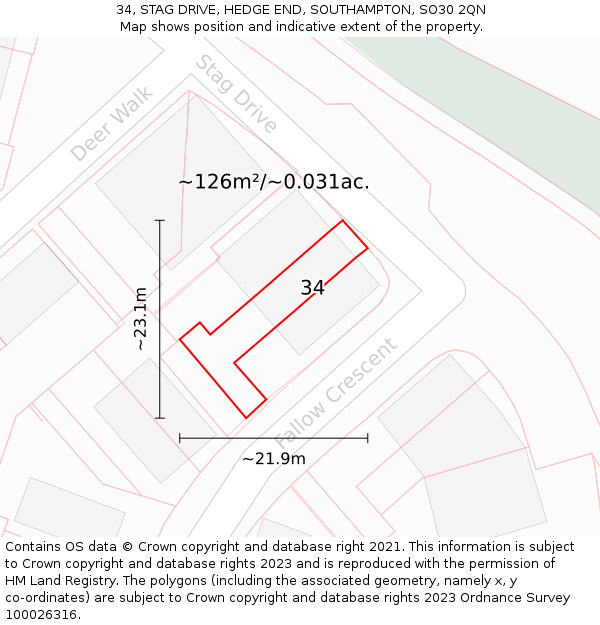 34, STAG DRIVE, HEDGE END, SOUTHAMPTON, SO30 2QN: Plot and title map