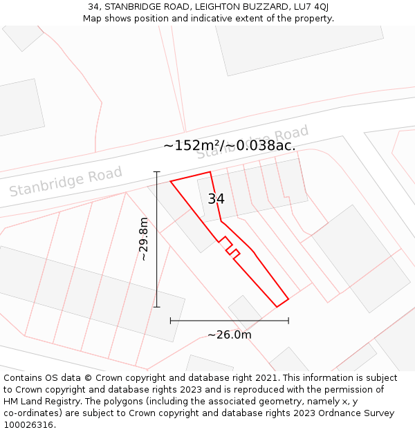 34, STANBRIDGE ROAD, LEIGHTON BUZZARD, LU7 4QJ: Plot and title map