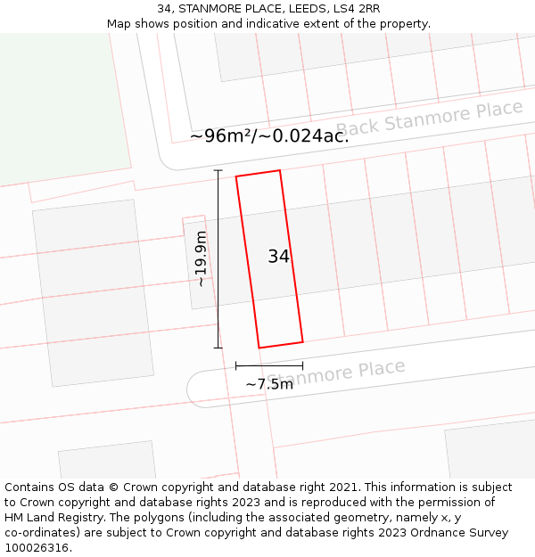 34, STANMORE PLACE, LEEDS, LS4 2RR: Plot and title map