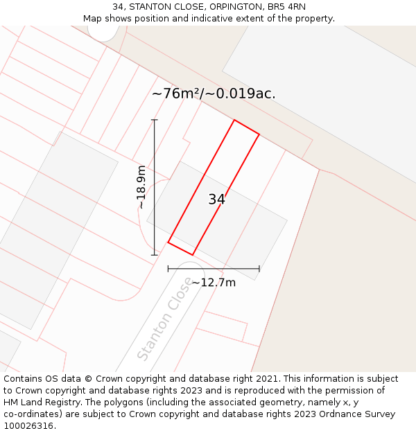 34, STANTON CLOSE, ORPINGTON, BR5 4RN: Plot and title map