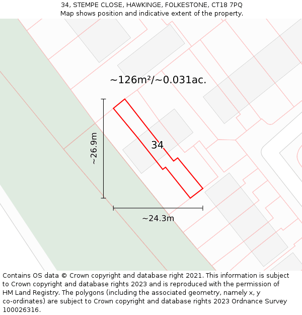 34, STEMPE CLOSE, HAWKINGE, FOLKESTONE, CT18 7PQ: Plot and title map