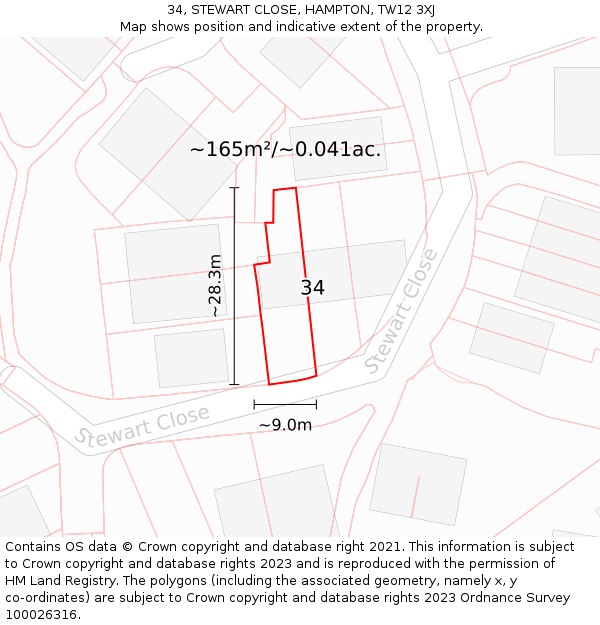 34, STEWART CLOSE, HAMPTON, TW12 3XJ: Plot and title map