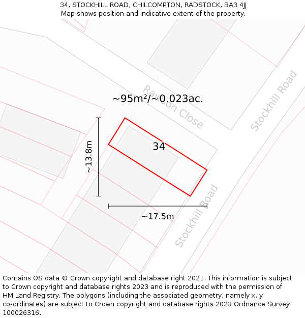 34, STOCKHILL ROAD, CHILCOMPTON, RADSTOCK, BA3 4JJ: Plot and title map