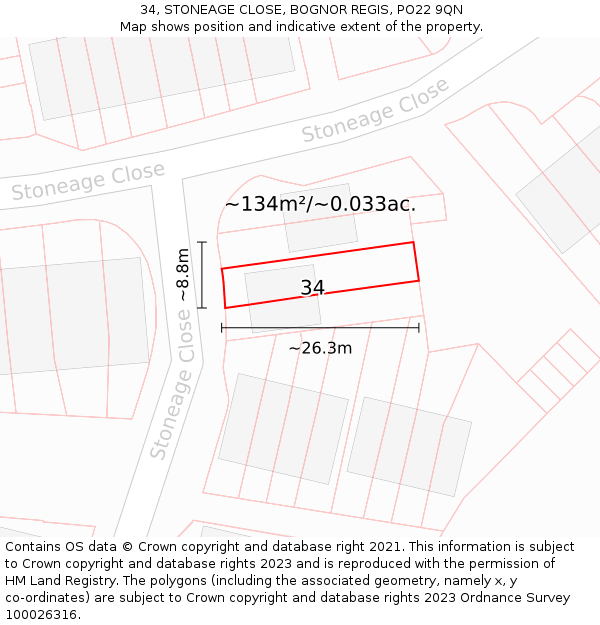34, STONEAGE CLOSE, BOGNOR REGIS, PO22 9QN: Plot and title map