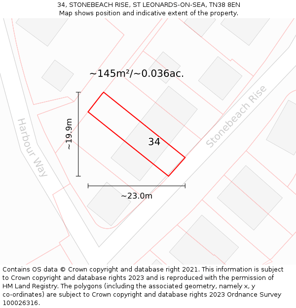 34, STONEBEACH RISE, ST LEONARDS-ON-SEA, TN38 8EN: Plot and title map