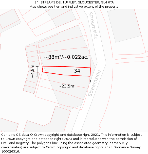 34, STREAMSIDE, TUFFLEY, GLOUCESTER, GL4 0TA: Plot and title map