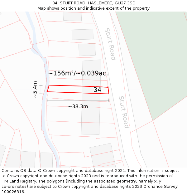 34, STURT ROAD, HASLEMERE, GU27 3SD: Plot and title map