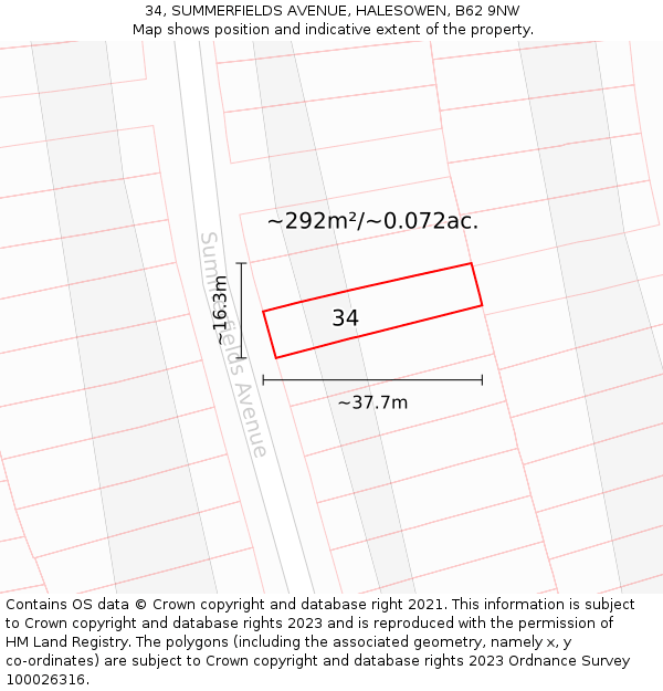 34, SUMMERFIELDS AVENUE, HALESOWEN, B62 9NW: Plot and title map