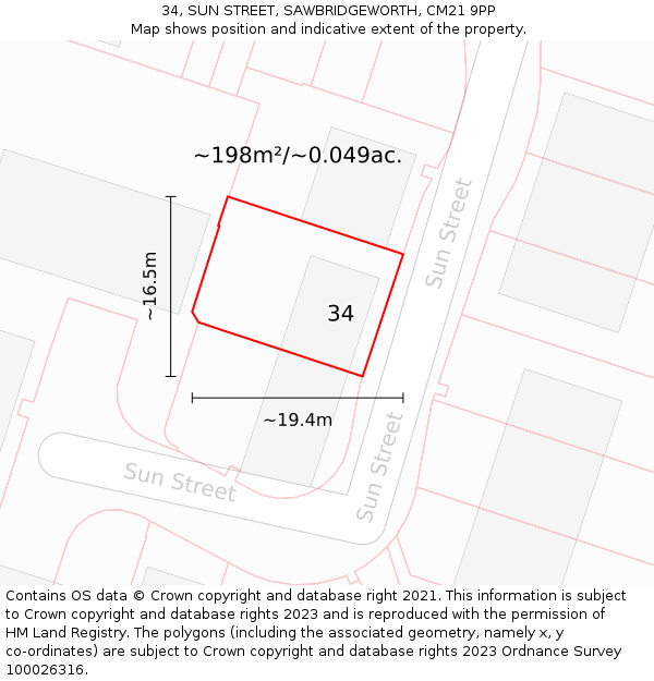 34, SUN STREET, SAWBRIDGEWORTH, CM21 9PP: Plot and title map