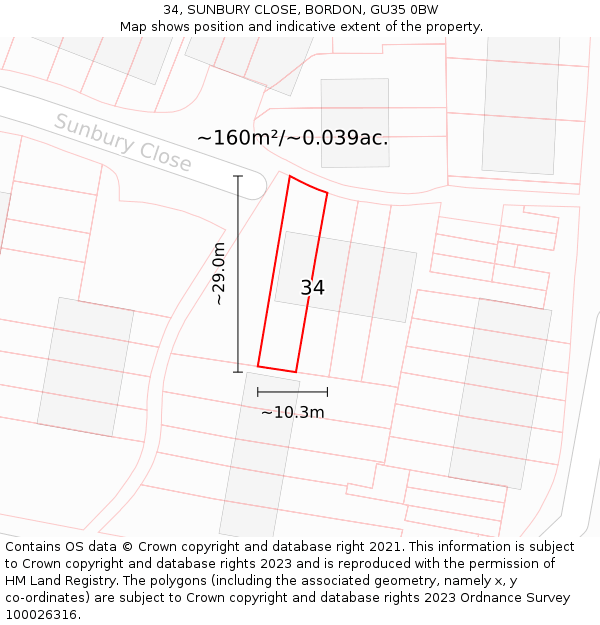 34, SUNBURY CLOSE, BORDON, GU35 0BW: Plot and title map