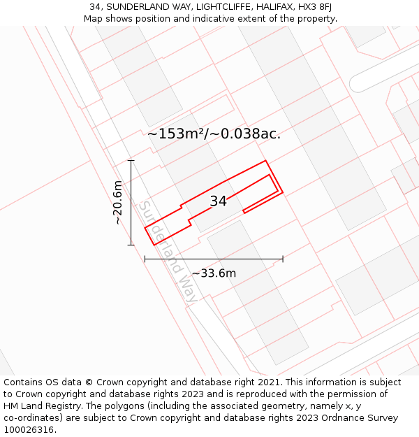 34, SUNDERLAND WAY, LIGHTCLIFFE, HALIFAX, HX3 8FJ: Plot and title map
