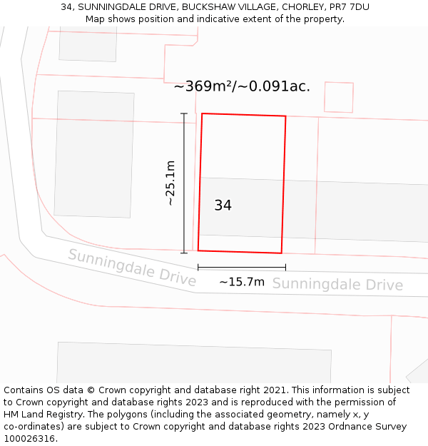 34, SUNNINGDALE DRIVE, BUCKSHAW VILLAGE, CHORLEY, PR7 7DU: Plot and title map
